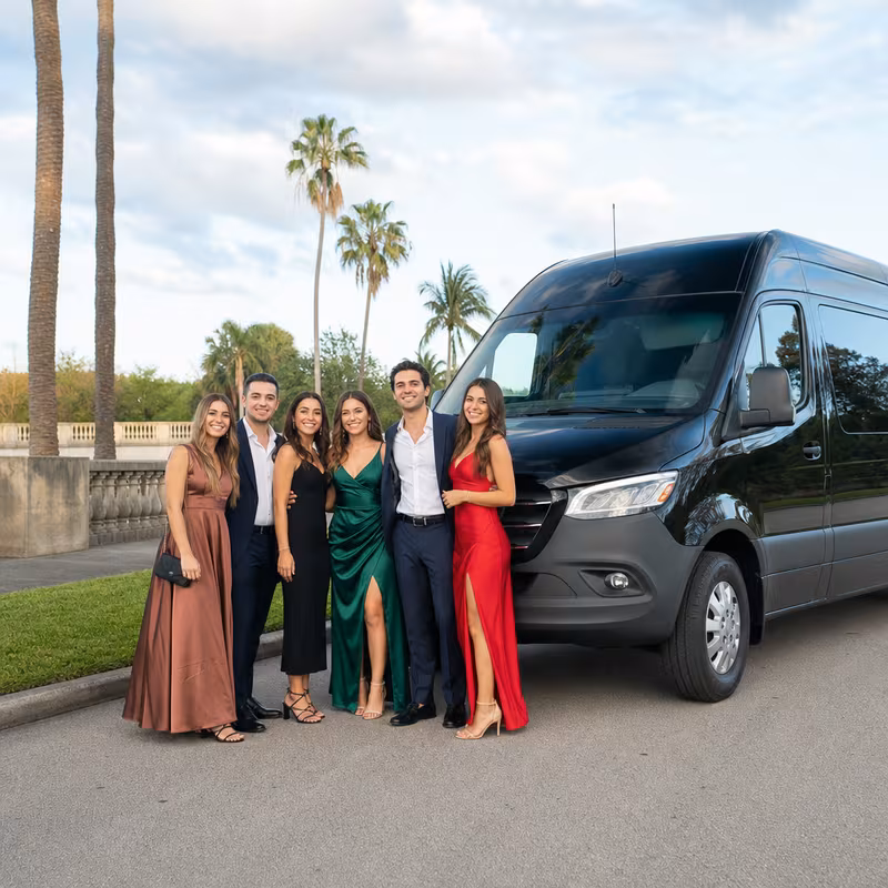 Group beside a Mercedes Sprinter limo from the Coral Gables fleet