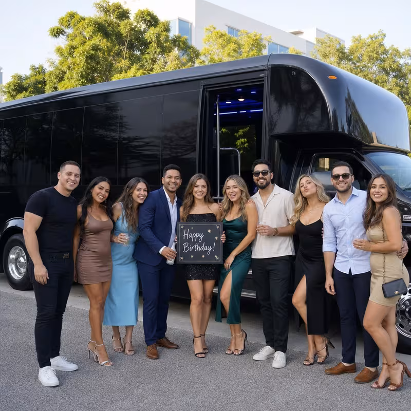 Party bus interior with wraparound leather seating and LED lighting in Coral Gables