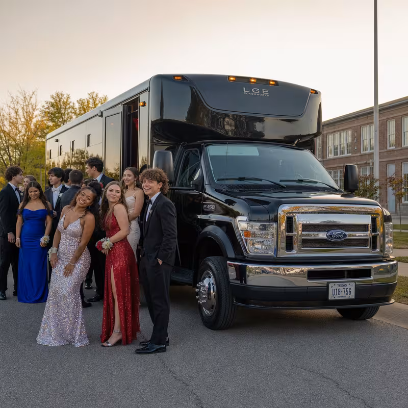 Group boarding a white charter bus for Prom & Homecoming Transportation transportation in Coral Gables