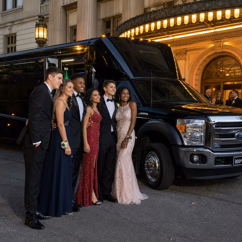 Party bus interior with wraparound leather seating and LED lighting in Coral Gables