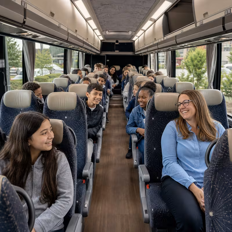 Group boarding a white charter bus for School Transportation transportation in Coral Gables