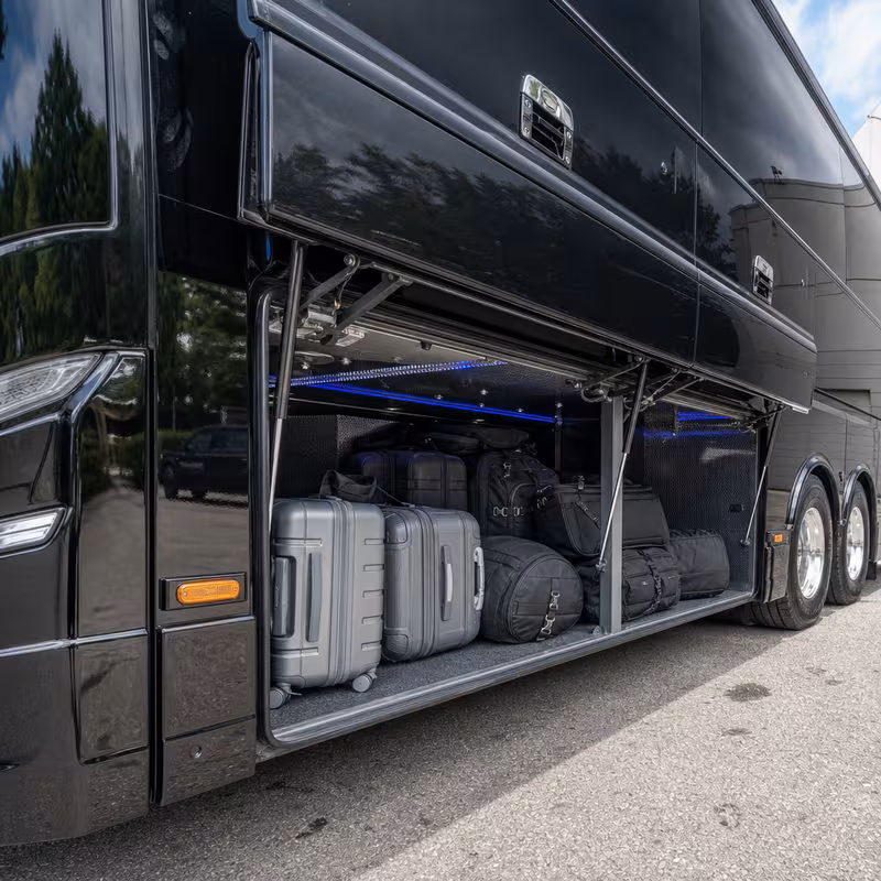 Party bus interior with wraparound leather seating and LED lighting in Coral Gables